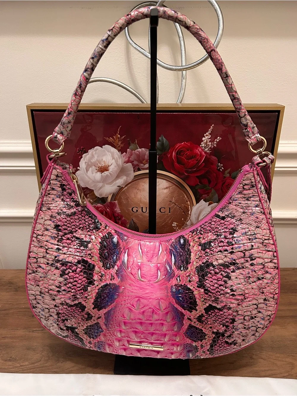 Brahmin Bekka Pink Cobra Shoulder Hobo Bag with Dust Bag - Picture 4 of 15